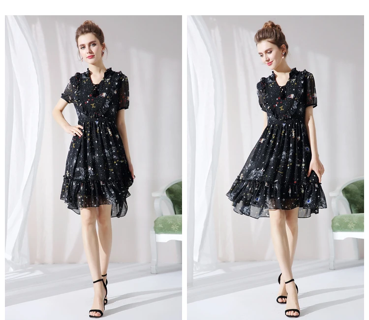 2XL/3XL/4XL/5XL шифоновое платье с принтом Галактики, подиумное женское платье большого размера с коротким рукавом-фонариком и высокой талией, AOFULI 00911