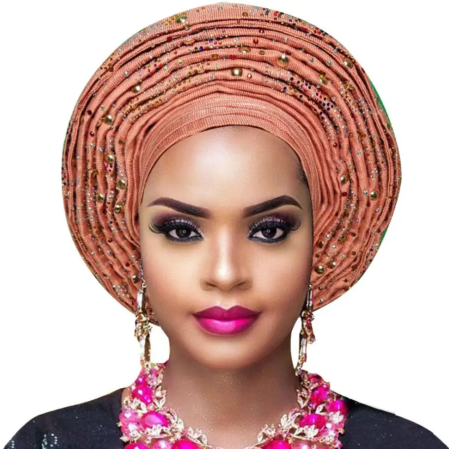 peach Aso oke головной убор с бисером aso oke нигерийский головной убор aso ebi африканский геле Авто геле Африканский головной убор хорошее качество - Цвет: peach