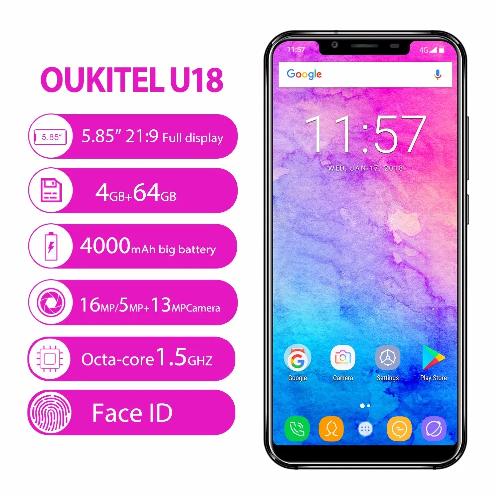 Oukitel U18 21:9 5 85 &quotполный дисплей Лицо ID 4 Гб ОЗУ 64 ПЗУ Восьмиядерный телефон Android 7 0 4000