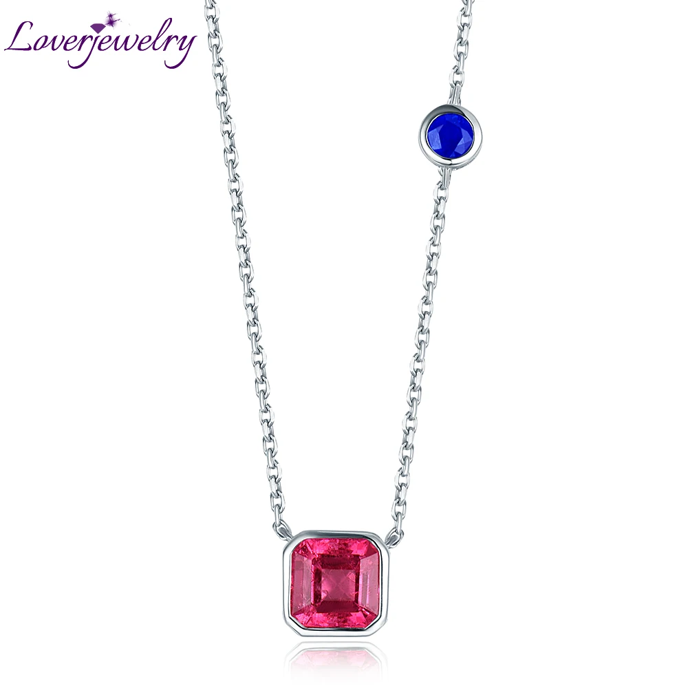 

LOVERJEWELRY ювелирные изделия из двух драгоценных камней Подвеска из настоящего белого золота 18 карат натуральный турмалин сапфир ожерелье подарок на День Благодарения с цепочкой