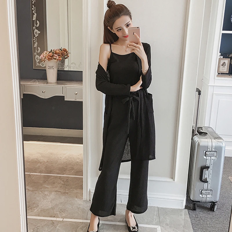 New Spring Summer Three pieces Set Women's Long sleeved Cardigan + Knitted Camisole Wide Leg pants Female Suit Clothing CY276 | Женская