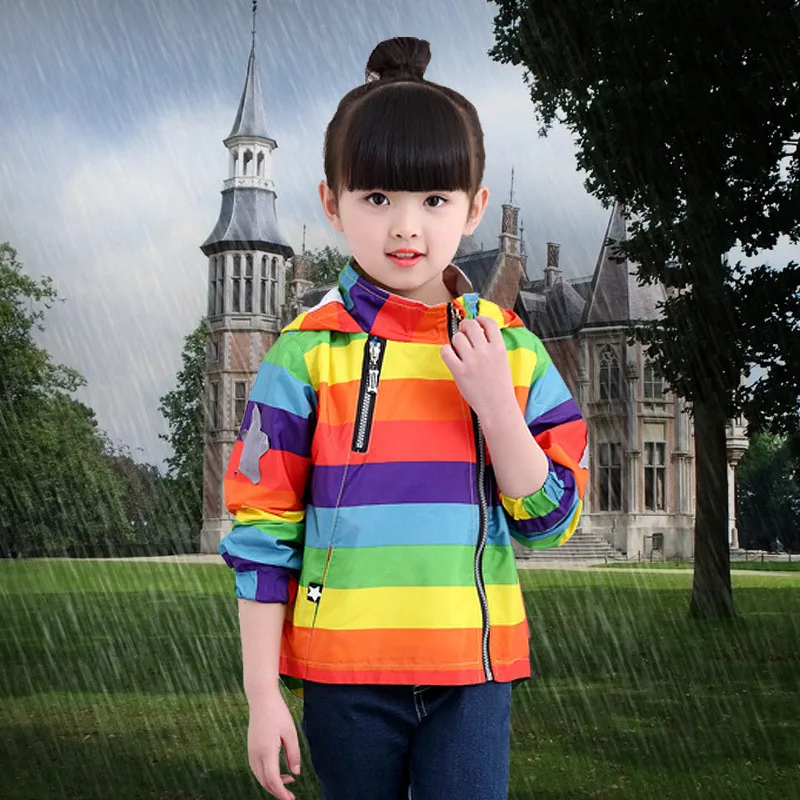 Angeltree Boys Girl Jacket Children Rainbow Color Clothing Kids Windbreaker Windproof Raincoat Outerwear Baby Hooded Coats | Детская