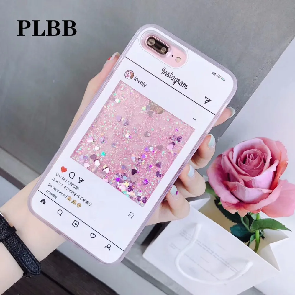 PLBB Love Heart Pink Glitter Power Liquid Instagram Soft TPU Phone Cover Case for Xiaomi 8 5X 6X Redmi 5 Plus Note 4X Mix 2s |