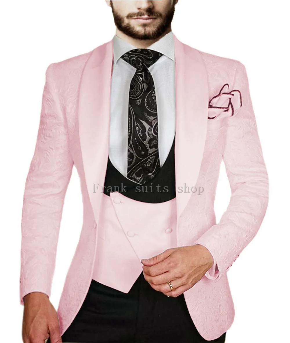 Фиолетовый мужской костюм приталенный с воротником шалью Homme Mariage жаккардовый