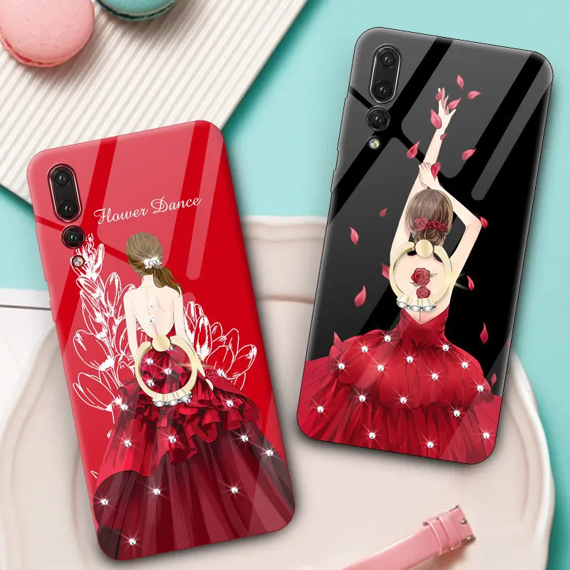Чехлы из закаленного стекла для huawei P20 Pro чехол свадебной девочки Rhinestone Finger Ring P 20Pro