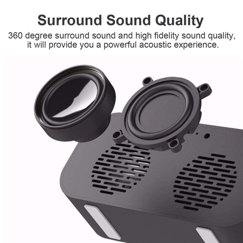Bluetooth Speaker with FM Radio LED Mirror Alarm Clock Subwoofer Music Player Snooze Desktop Clock Portable Mirror MP3 Player