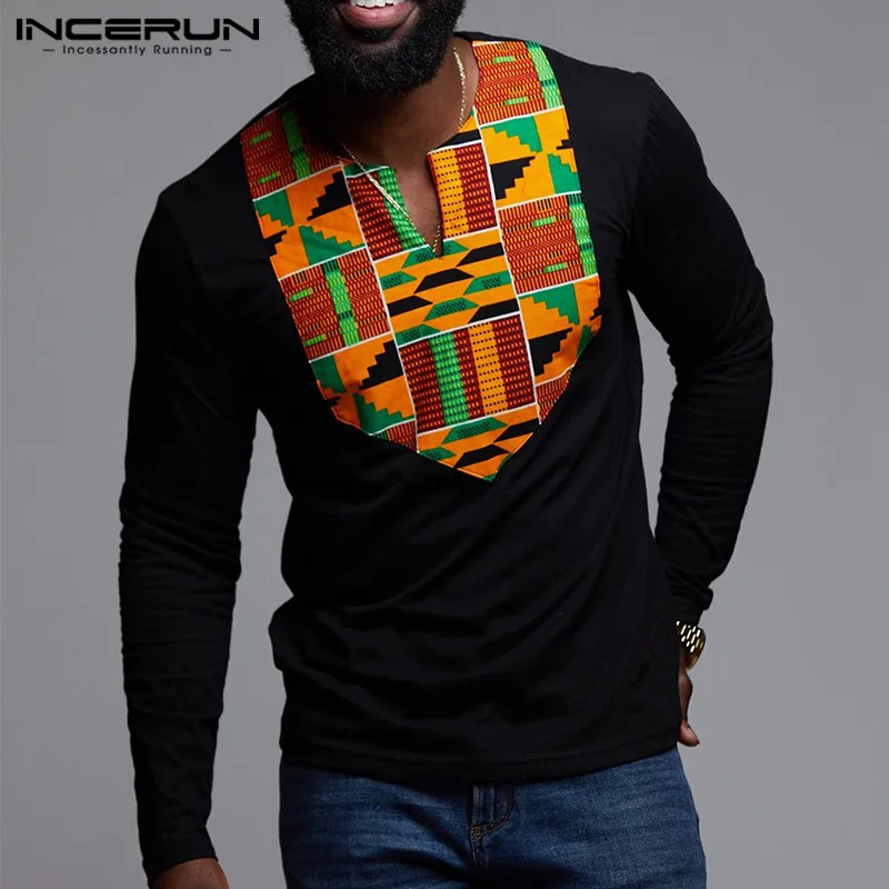 

2022 Fashion African Clothing Men T Shirt Printing Long Sleeve Ethnic Style V Neck Tops African Dashiki T-shirts Hombre INCERUN