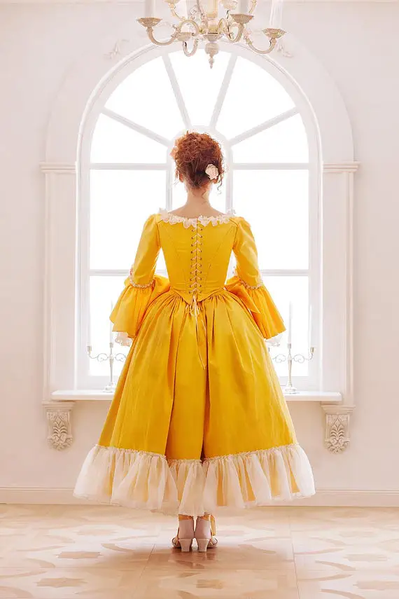 Rococo период 18th век желтый цветок платье с нижней юбкой и встроенный лиф-корсет