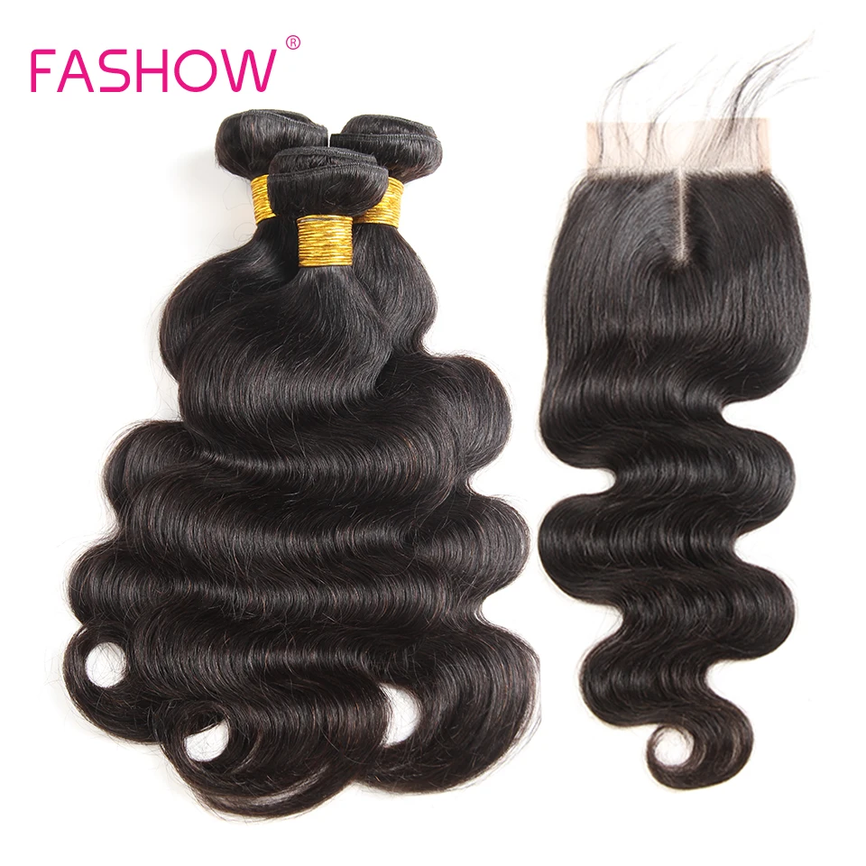 Fashow Hair Bundles With Closure Indian Hair Body Wave 3 Bundles With Lace Closure 100% Human Hair Weave Extensions 8-28 inch