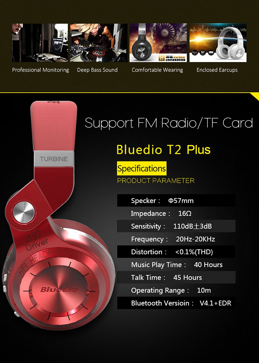 Bluedio T2+ Bluetooth наушники Беспроводная гарнитура Поддержка FM радио Micro SD карта воспроизведения с микрофоном