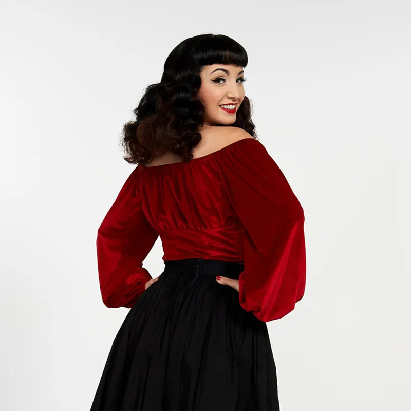 Женский винтажный топ с вырезом лодочкой элегантная Красная Эластичная