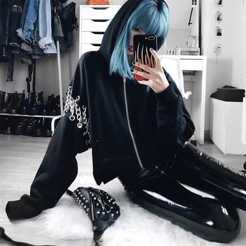 Autumn and Winter New Gothic Wind Chain Stitching Loose Hoodie Zipper Women's Jacket Sweatshirt | Женская одежда