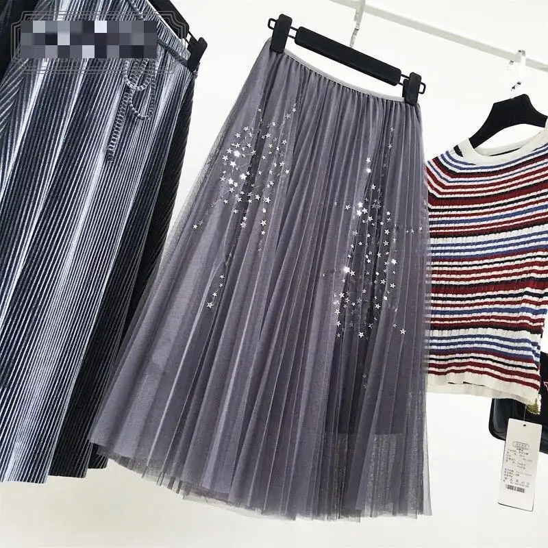 

2020 Spring New Style Stars Sequin Decorated Multilayer Gauze Pleated Skirt Elegant Tulle Skirt Saias Longas Casuais Free Shippi
