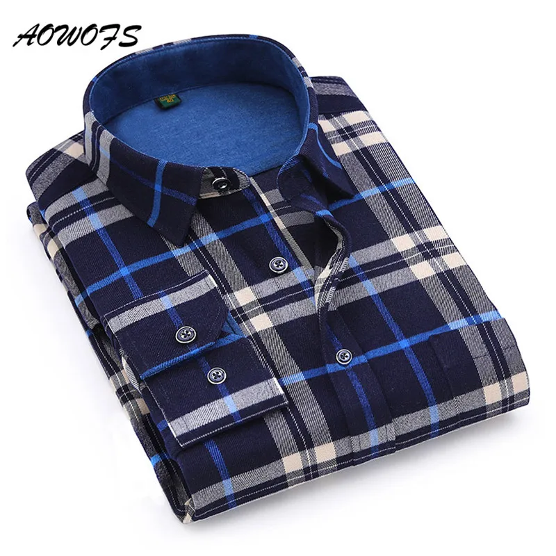 AOWOFS 2017 Зима рубашки для мальчиков мужчин мягкие фланелевые в клетку Regular Fit