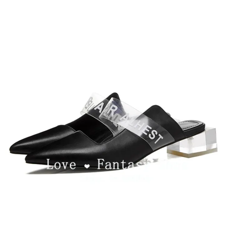 Прозрачные шлепанцы с острым носком на прозрачном каблуке; женская повседневная обувь без застежки из натуральной кожи; цвет черный, желтый; летние женские шлепанцы без задника - Цвет: black