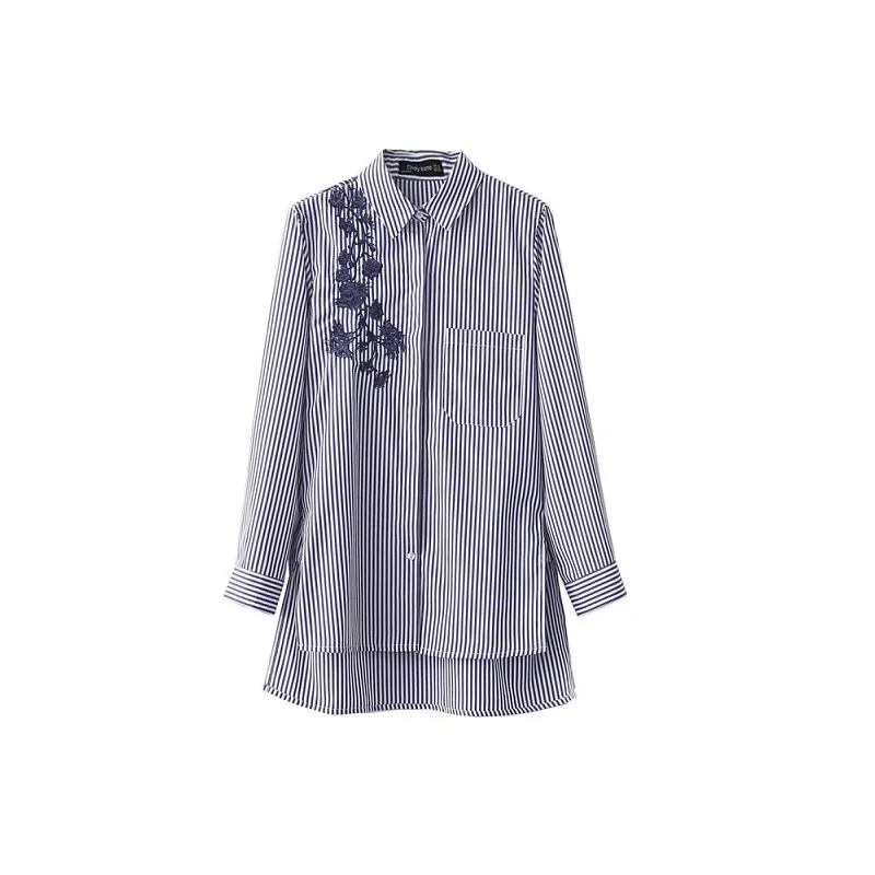 Модная женская рубашка в полоску с цветочной вышивкой и Боковым Разрезом блузка