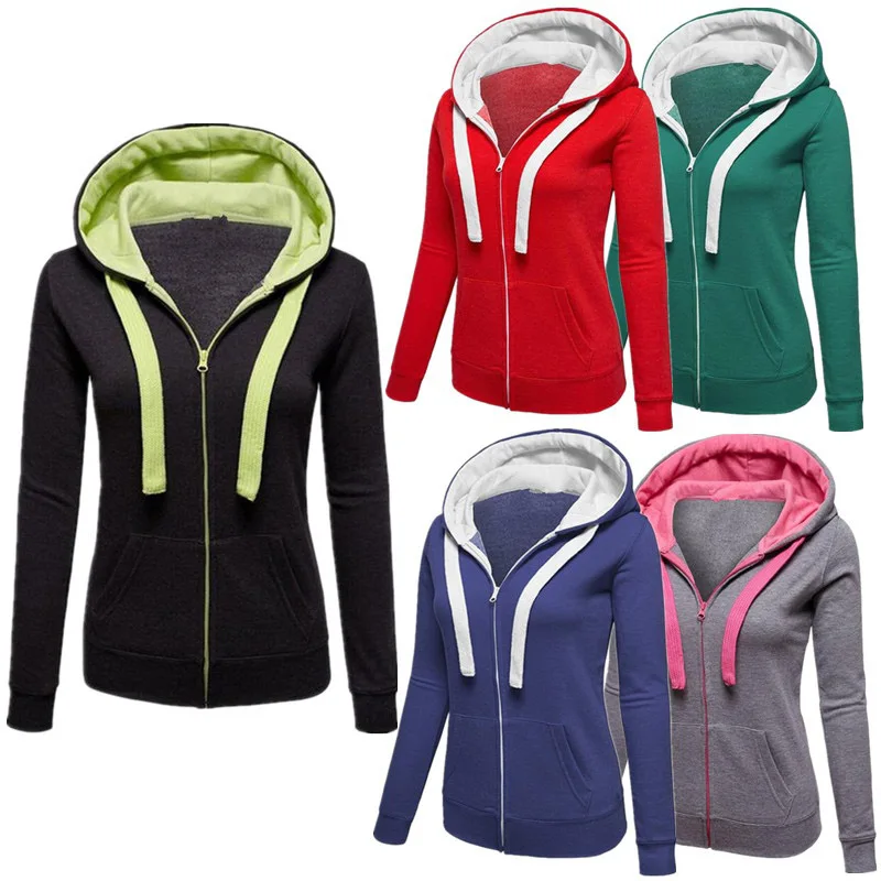 Women Sweatshirt Fashion Hooded Solid Drawstring Long Seeve Outwear Casual Zipper Female Gym Training Jackets Plus Size