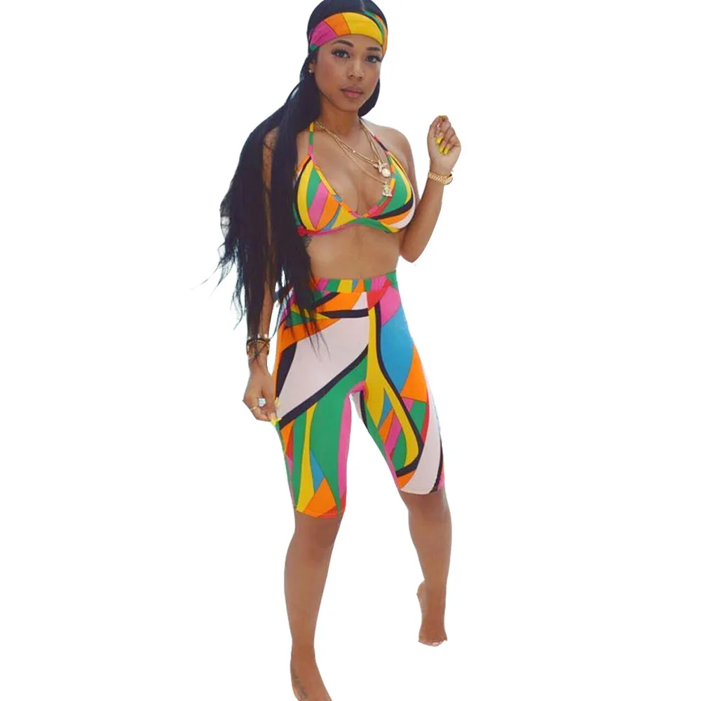 Sexy Rainbow Print Women Yoga Sport Set Fashion Head Scarf+V Neck Sleeveless Strap Top+Bandage Short Summer 3 Piece | Спорт и