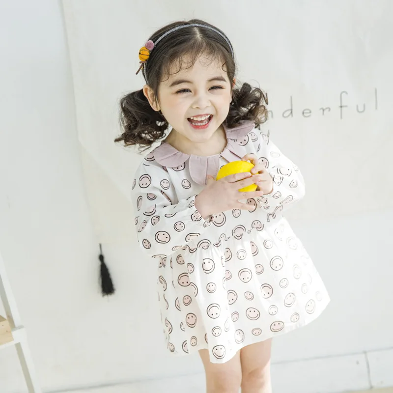 Baby Girls Dress Smiley Face Printed Petal Collar Full Cotton 2018 New Autumn For 1-5 Years Children's Dresse | Детская одежда и