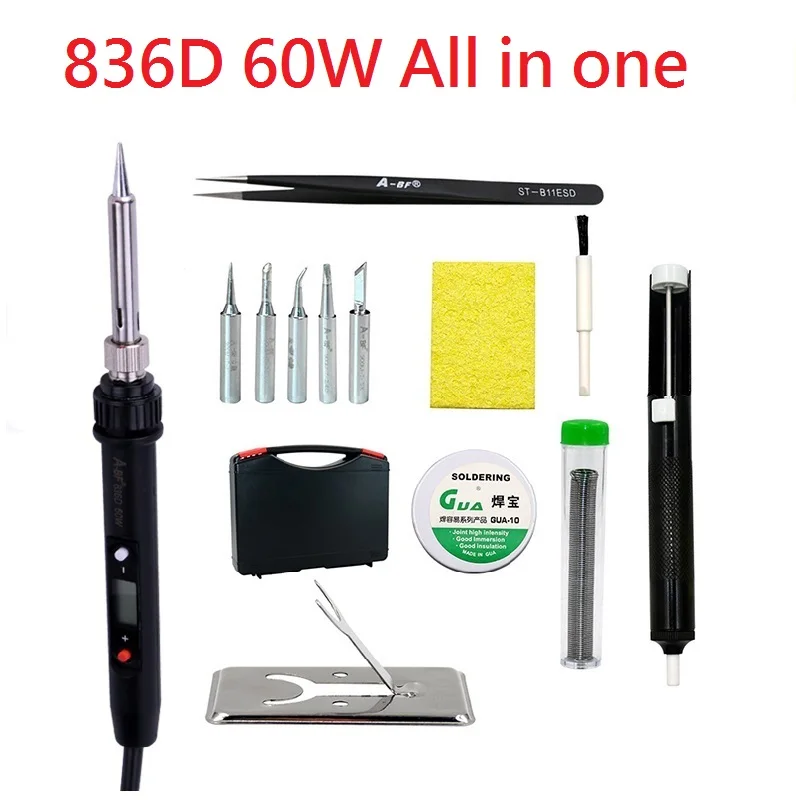A-BF GS60D 60 Вт 836D 60 Вт 220 В Электрический паяльник с регулируемой температурой паяльная станция с паяльными наконечниками, припой - Цвет: 836D ALL In One