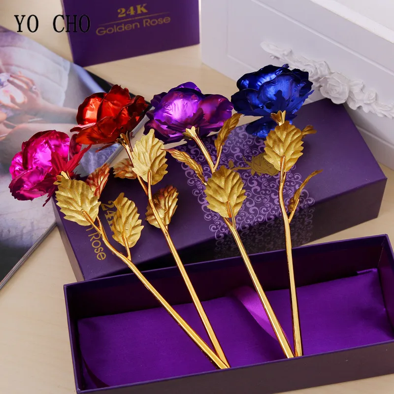 YO CHO Birthday gift girlfriend gold plated flower artificial flower DIY gold rose Mother's Day gift a gift box wedding flower