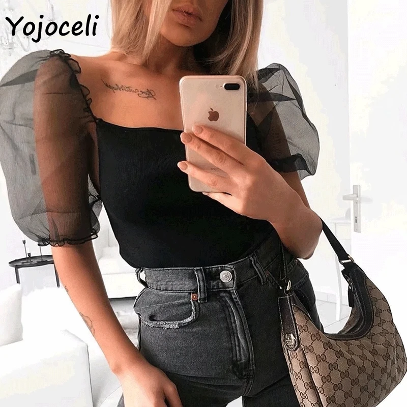 Сексуальная черная женская рубашка Yojoceli сетчатые Топы в стиле пэчворк с пышными