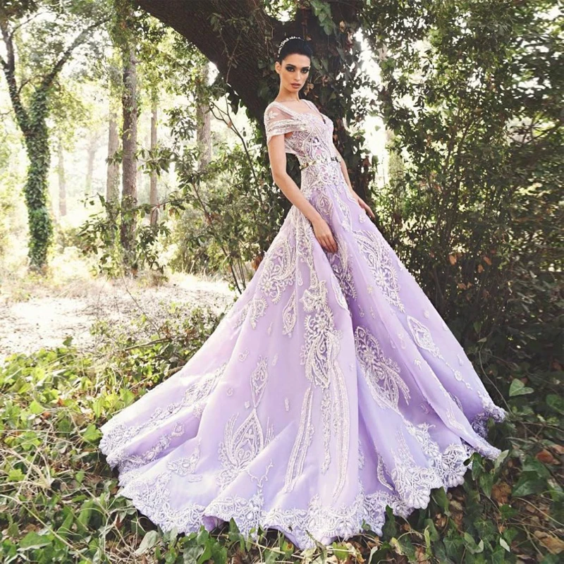 Элегантный Лаванда Свадебные Платья 2017 С Коротким Рукавом Аппликация Из Бисера