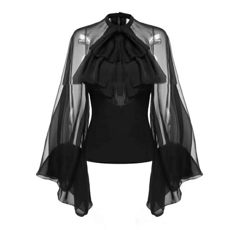 NANASTYLE бантом шифоновая блузка рубашка для женщин фонари рукавом Тюль прозрачные