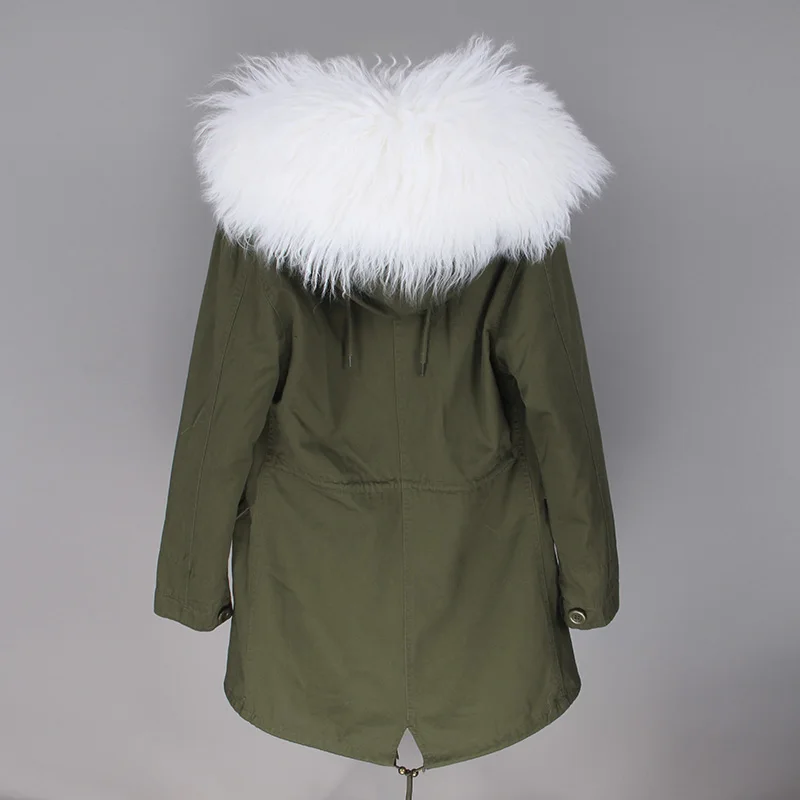 green white Новое поступление, длинное меховое пальто, модная Женская Роскошная парка из овечьей шерсти, пальто с капюшоном, зимняя куртка - Цвет: green white