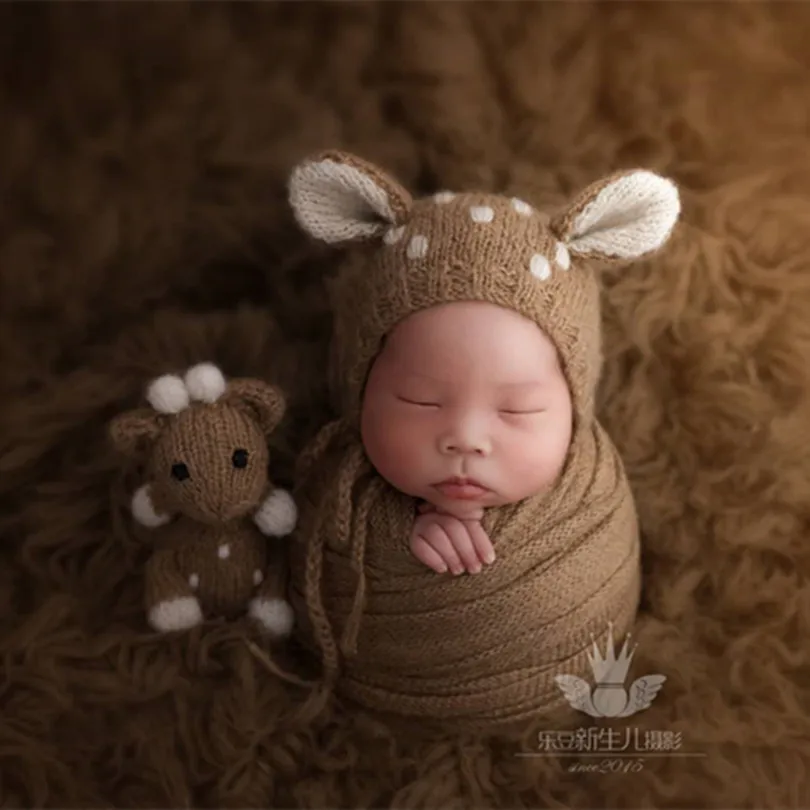 Baby Photography Outfit Crochet Mini Toy and Hat Props Cute Newborn Deer Match wrap Christmas Gift Jersey Wrap | Детская одежда и