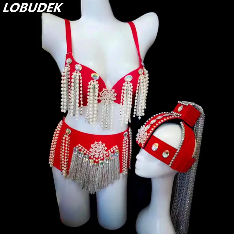 

Women Bar Party Show Night Club Sexy Costume Sparkly Rhinestones Tassels Red Black Bikini+Headgear Set Jazz Dance Stage Outfit