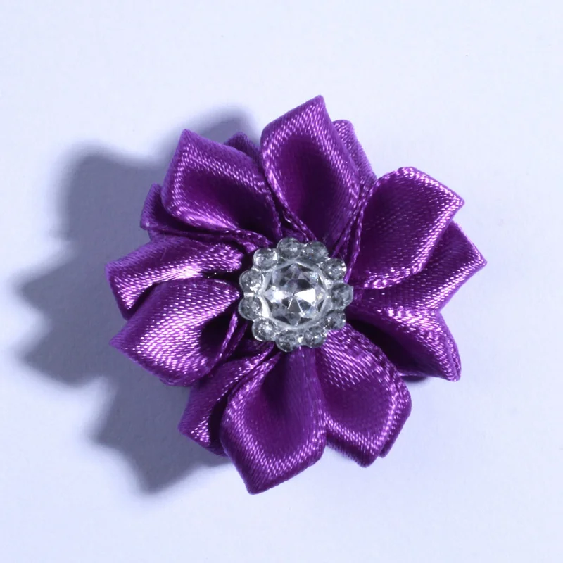 Purple 10 шт 4 см многослойный мини-атласный цветок с акриловой пуговицей шелковая лента из ткани цветок для головы носить U выбрать цвет - Цвет: Purple
