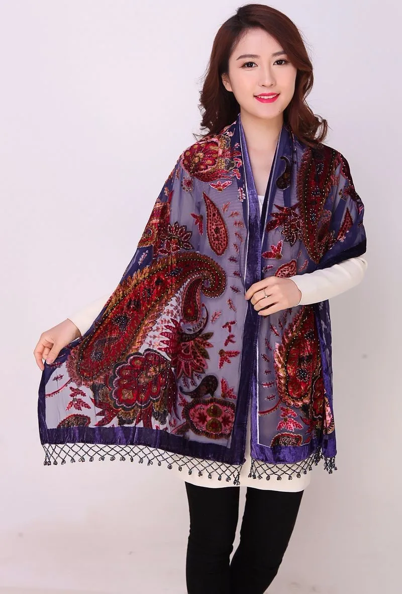 

Burgundy New Women's 100% Silk Velour Shawls Scarves Chinese Style Vintage Print Pashmina Cape Tassel Wrap Novelty Poncho 011802