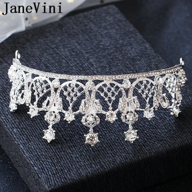 JaneVini Блестящие Стразы свадебная корона диадема Серебряная Хрустальная повязка