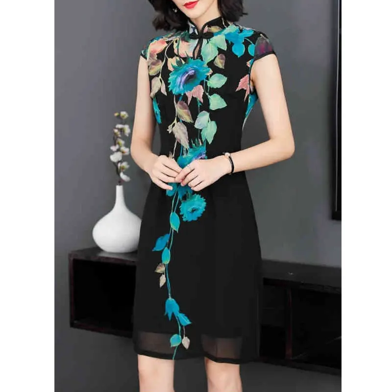 Новый китайский стиль лето вышитые Cheongsam средней длины для похудения Кружева Vestido