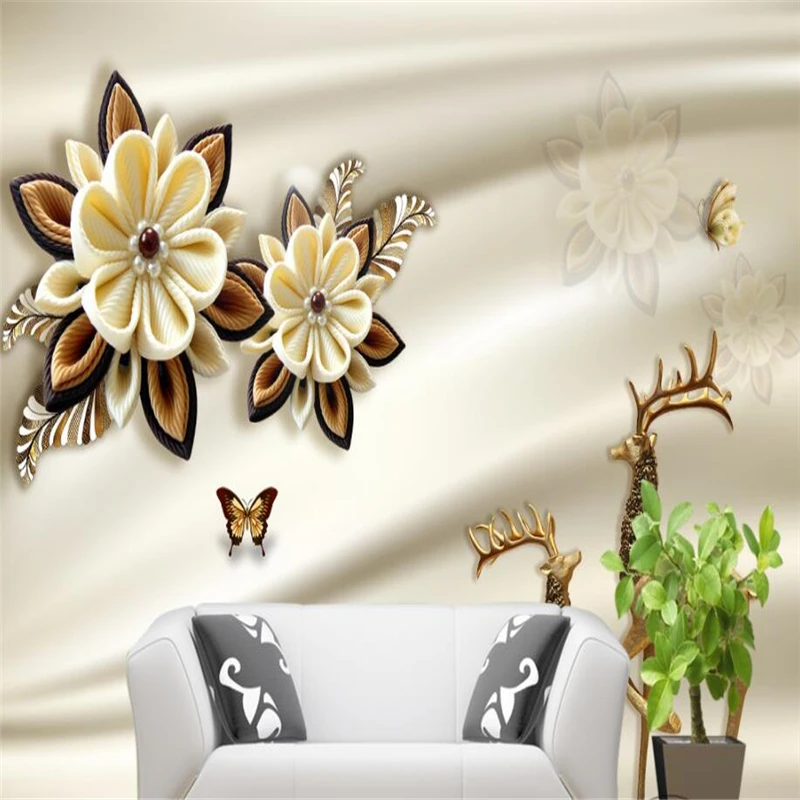 beibehang Custom wallpaper 3d handmade flowers gold deer TV background living room bedroom wall decoration | Обустройство дома