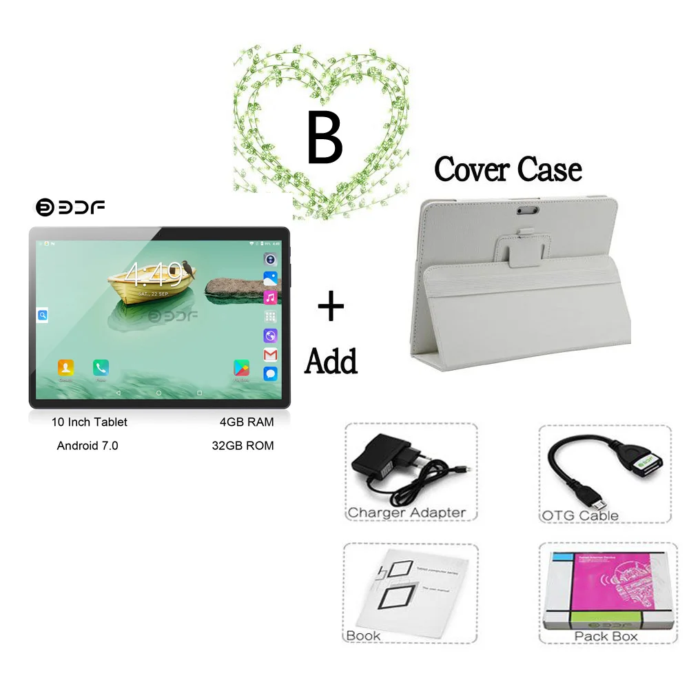 Add Leather case BDF, 10 дюймов, Android 7,0, планшет, четыре ядра, Bluetooth, wifi, Sim, 3G, телефон, планшеты, мобильный, 4 ГБ/64 ГБ, планшетный ПК, маленький компьютер, 7, 8, 9 дюймов - Комплект: Add Leather case