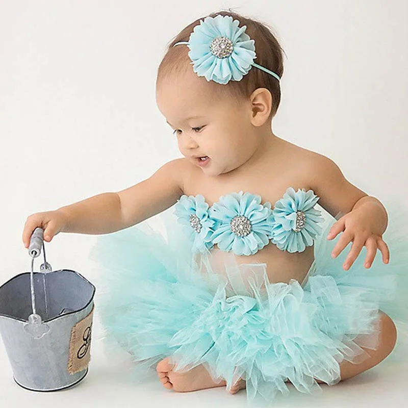 New Princess Baby Tutu Skirt with Matching Flower Headband and Bra Top Little Girl Tutus Photo Props Costume Outfit TS067