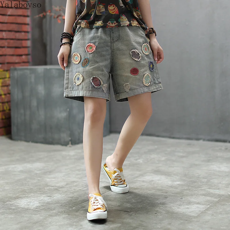 2019 летние новые винтажные джинсы с вышивкой шорты свободные прямые штаны