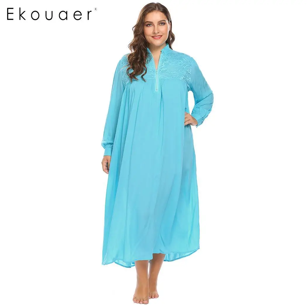 Sky Blue Ekouaer W0men размера плюс ночная рубашка больше размера ночная рубашка платье СО СТОЯЩИМ ВОРОТНИКОМ с длинным рукавом кружева пэчворк свободные длинные женские пижамы - Цвет: Sky Blue