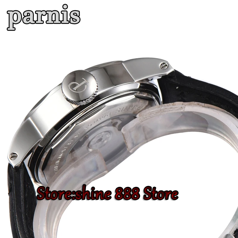 Мужские часы PARNIS Power Reseerve с роскошным сапфировым стеклом из натуральной кожи ST2530