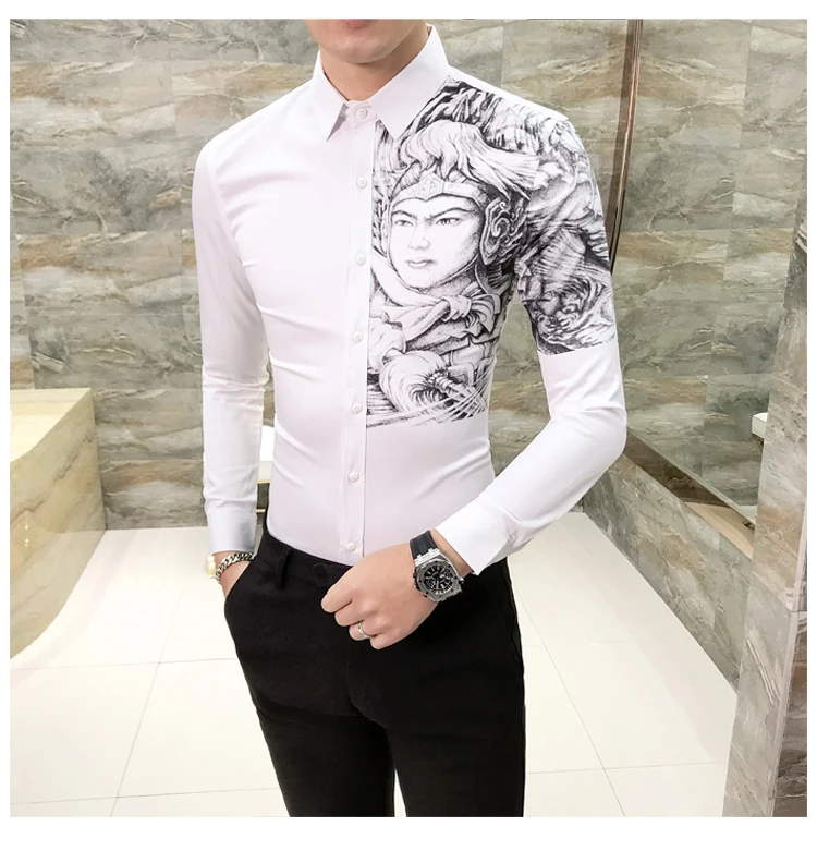 Платье рубашка Корейская одежда мужская рубашка camisa social Повседневная приталенная мужская с принтом вечерние рубашки для клуба Camisa Masculina