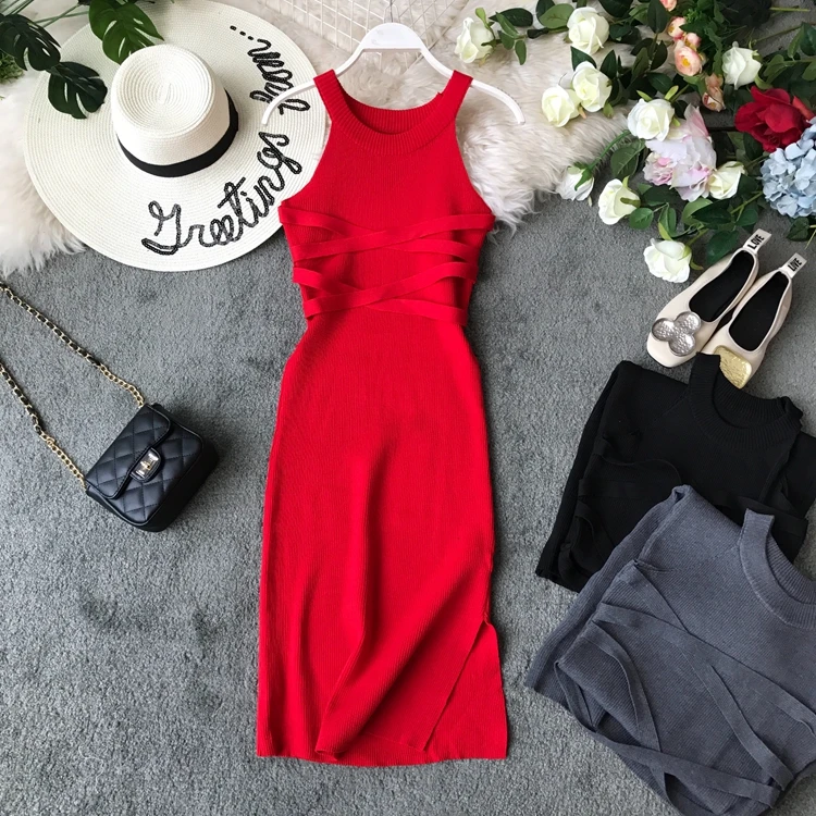 YornMona Korean Style Women Bandage Bodycon Dress Summer Split Knitted Party Dresses Elegant Halter Ladies Long Maxi Dres