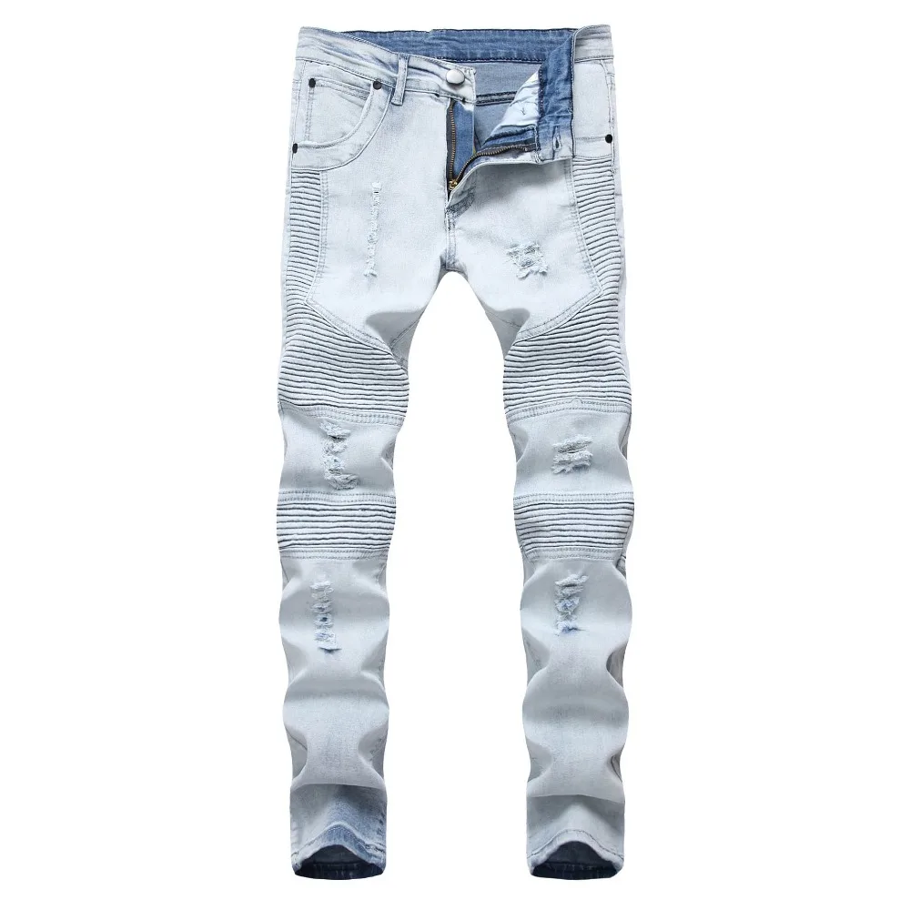 

Fashion 2021 autumn winter Europe design washing denim Pleated Fold Cotton light blue Slim Ripped hole destroyed Biker jeans men