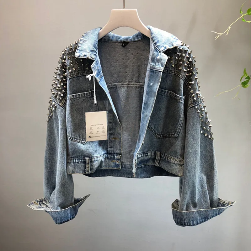 Весна осень женские джинсовые куртки Harajuku заклепки дизайн короткие джинсы куртка женская длинный рукав свободная выстиранная верхняя одежда Уличная