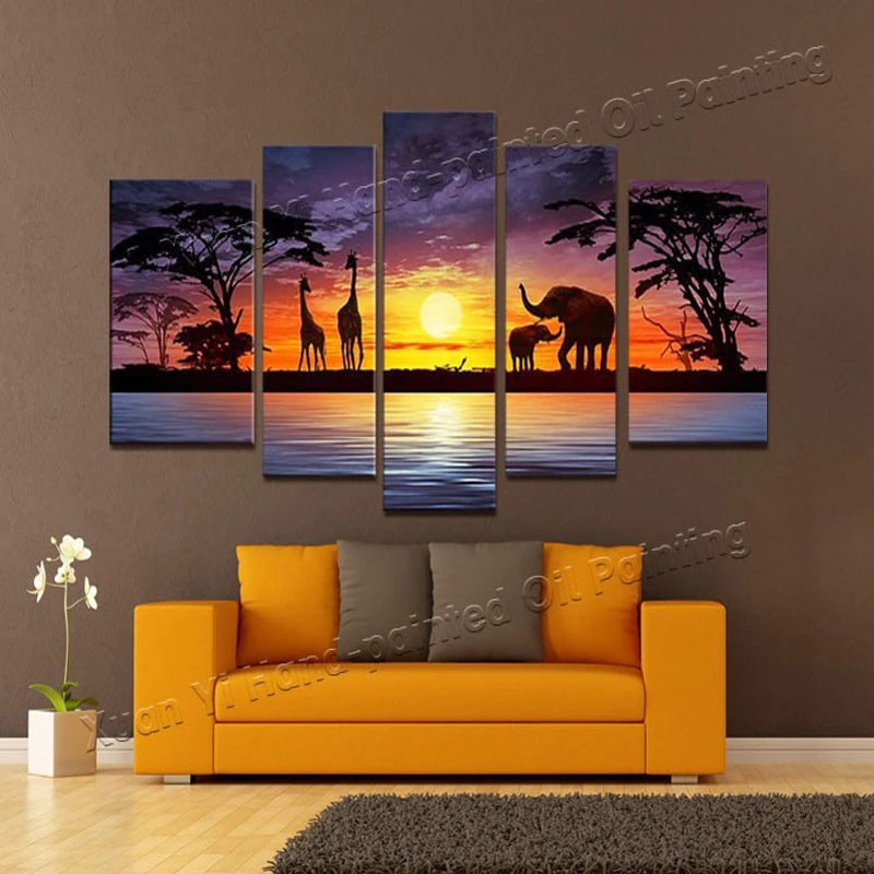 

5 панелей Современная африканская фотография искусство роспись маслом Африканский пейзаж Настенная картина для гостиной без рамки