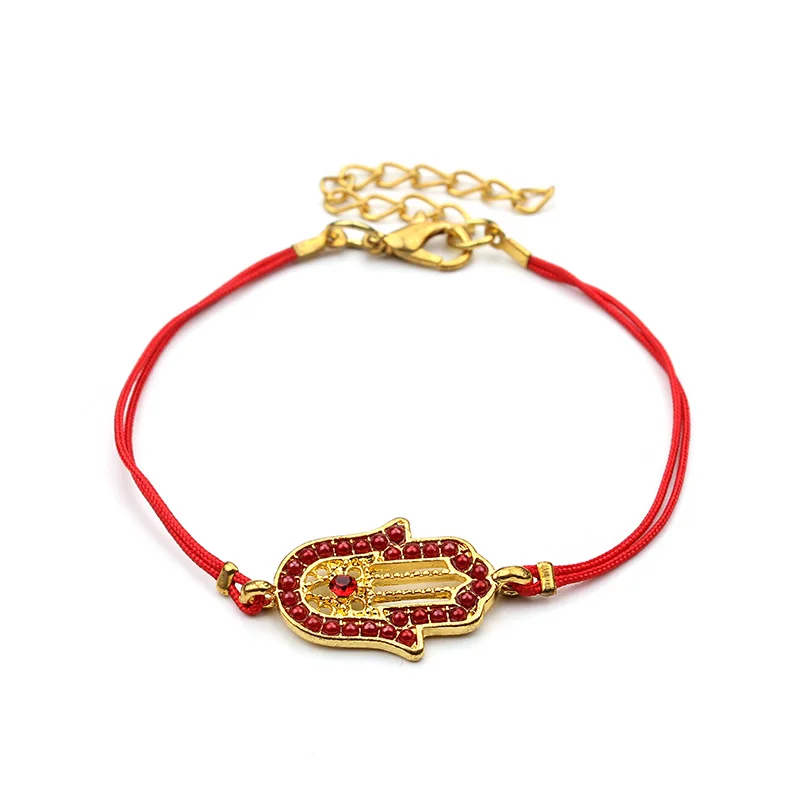 Модный дизайн сплав металл золотой цвет Хамса рука красный веревочный браслет