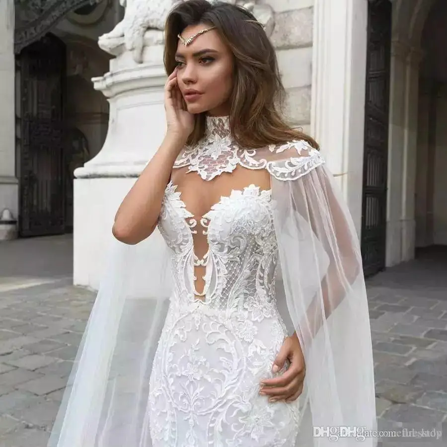 2019 Mermaid Wedding Dresses Sheer Neck Lace Bridal Gowns With Cape vestido de novia Boho Plus Size Dress | Свадьбы и торжества