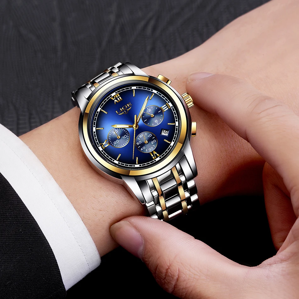 Montre Homme Часы мужские люксовый бренд LIGE Хронограф Мужские спортивные часы водонепроницаемые полностью Стальные кварцевые мужские часы Relogio Masculino