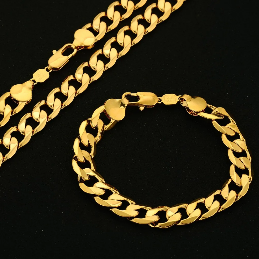 

Heavy Cuban Jewelry Set Yellow Gold Filled Mens Necklace+Bracelet Set